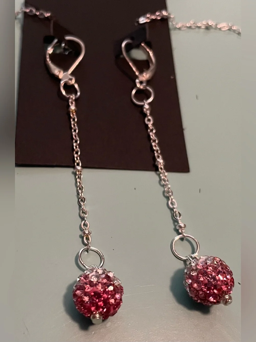 Hello Kitty Silver-Tone Pink Crystal Bead Long Necklace - Matching Drop Earrings
